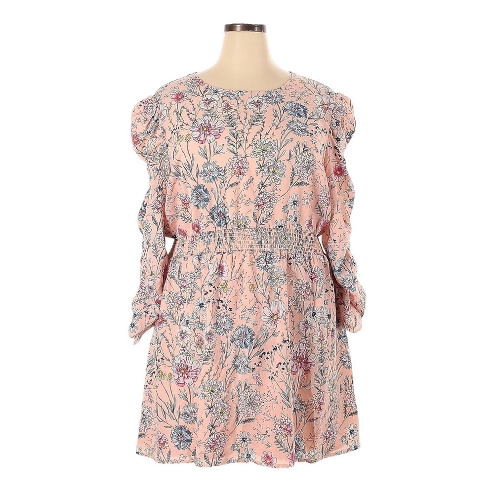 Suzanne Betro Pink Spring Floral Ruched Long Sleeve Mini Dress Size 2X NWT